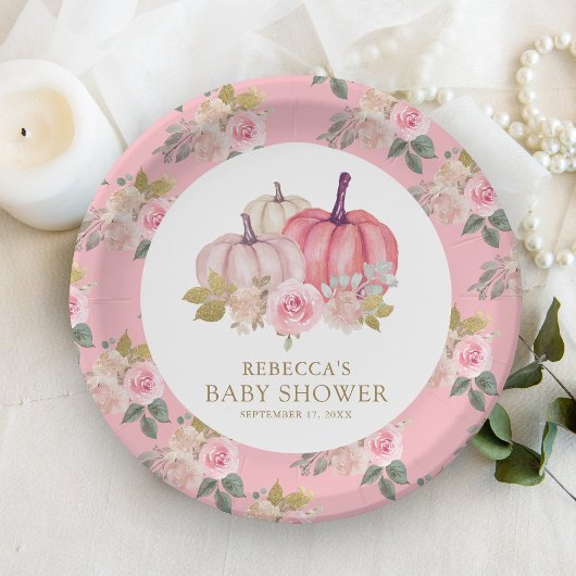 Little Pumpkin Rustic Pink Gold Floral Baby shower Papieren Bordje