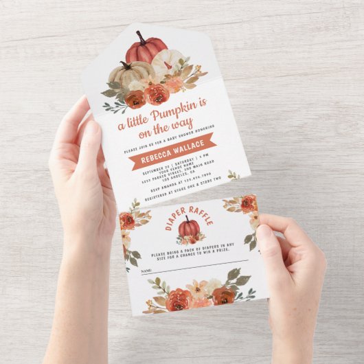 Little Pumpkin Rustic Terracotta Baby shower All In One Uitnodiging (Afscheurbaar)