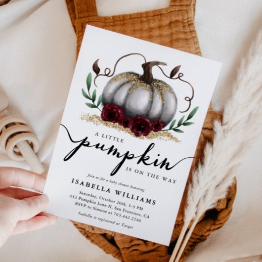 Little Pumpkin Rustic White Gold Baby shower Kaart