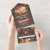 Little Pumpkin Rustic Wood Terracotta Baby shower All In One Uitnodiging (Afscheurbaar)