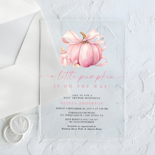 Little Pumpkin Schattige Roze Meisje Baby shower Acryl Uitnodigingen