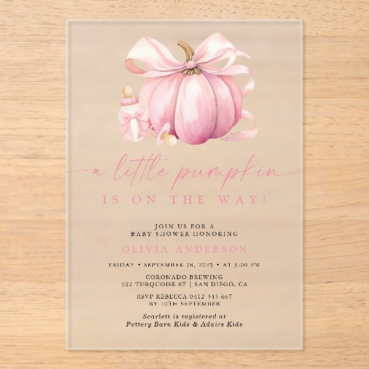 Little Pumpkin Schattige Roze Meisje Baby shower Acryl Uitnodigingen (Voorkant)