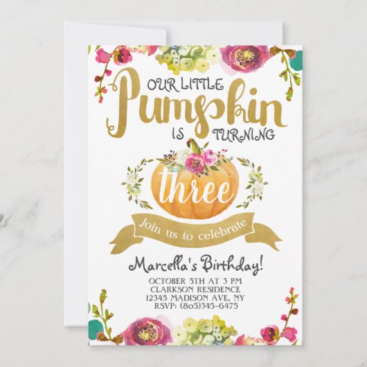 Little Pumpkin Third Birthday Invitation Kaart (Voorkant)