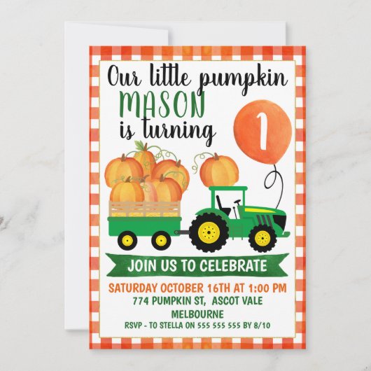 Little Pumpkin Tractor 1st Birthday Invitation Kaart (Voorkant)