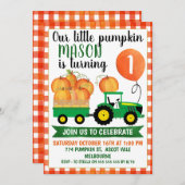 Little Pumpkin Tractor 1st Birthday Invitation Kaart (Voorkant / Achterkant)