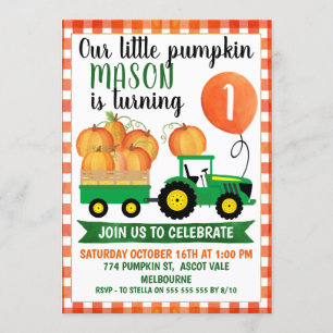 Little Pumpkin Tractor 1st Birthday Invitation Kaart