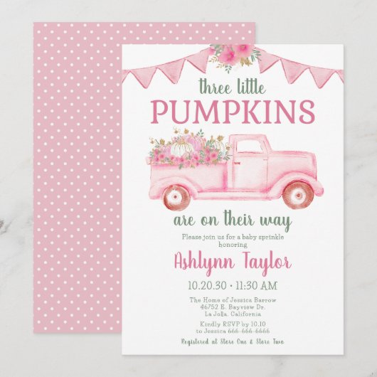 Little Pumpkin Triplet Girl Baby Sprinkle Kaart (Voorkant / Achterkant)