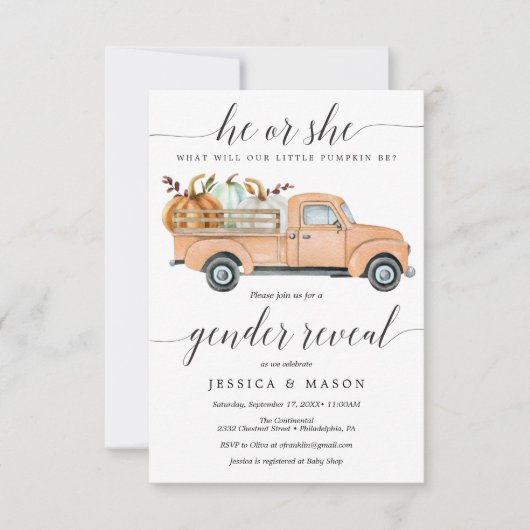 Little Pumpkin Truck Gender Reopenbaart de uitnodi Kaart (Voorkant)