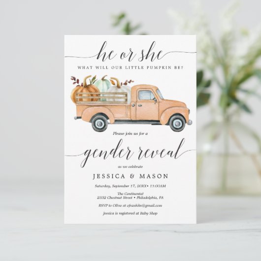 Little Pumpkin Truck Gender Reopenbaart de uitnodi Kaart (Staand voorkant)