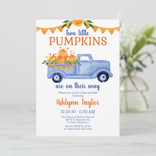 Little Pumpkin Twin Boy Baby Sprinkle All In One Kaart (Staand voorkant)