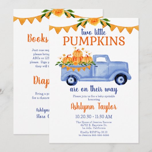 Little Pumpkin Twin Boy Baby Sprinkle All In One Kaart (Voorkant / Achterkant)