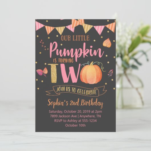 Little Pumpkin TWO Uitnodiging voor de 2e verjaard (Staand voorkant)