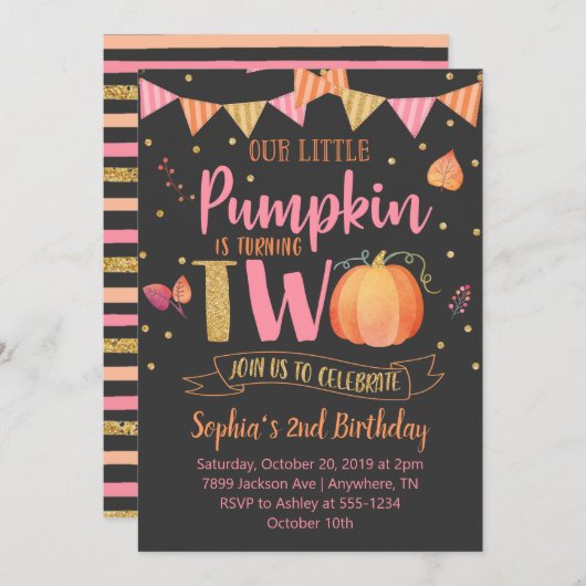 Little Pumpkin TWO Uitnodiging voor de 2e verjaard (Voorkant / Achterkant)