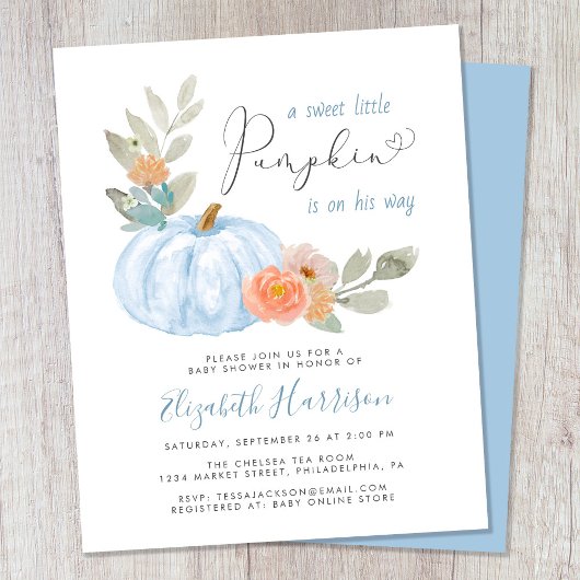 Little Pumpkin Waterverf Baby Boy Shower Invite