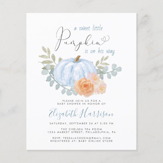 Little Pumpkin Waterverf Baby Boy Shower Invite (Voorkant)