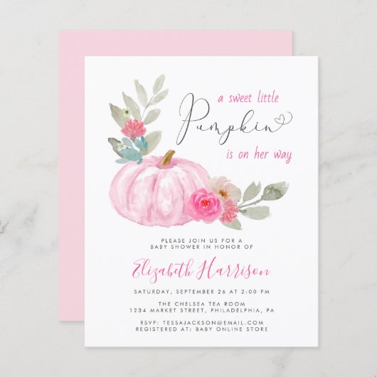 Little Pumpkin Waterverf Baby Girl Shower Invite (Voorkant / Achterkant)