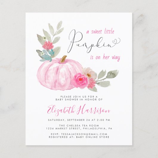 Little Pumpkin Waterverf Baby Girl Shower Invite (Voorkant)