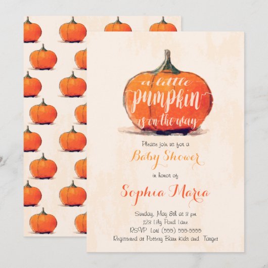 Little Pumpkin Waterverf Baby shower uitnodigen Kaart (Voorkant / Achterkant)