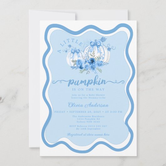 Little Pumpkin Wave Lijst Bow Blue Baby shower Kaart (Voorkant)