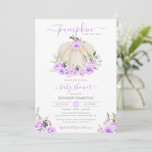 Little Pumpkin White Paars Roos Girl Baby shower Kaart (Staand voorkant)