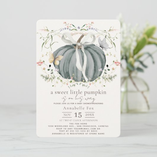 Little Pumpkin Wildflower Blue Boy Baby shower Kaart (Staand voorkant)