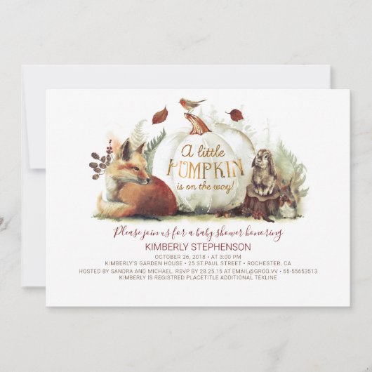 Little Pumpkin Woodland Animals Herfst Baby shower Kaart (Voorkant)