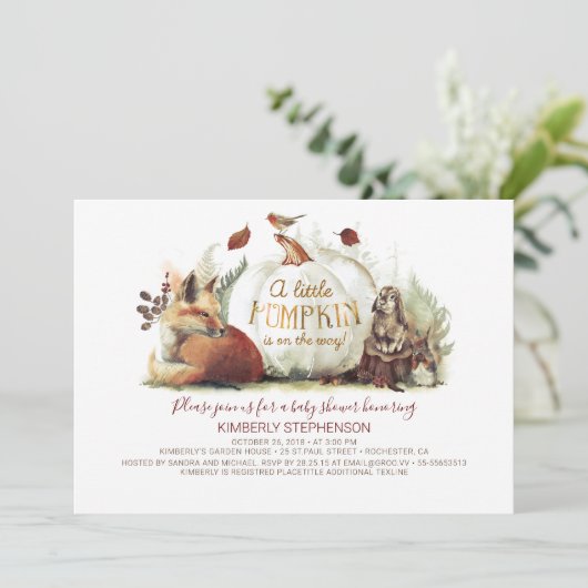 Little Pumpkin Woodland Animals Herfst Baby shower Kaart (Staand voorkant)