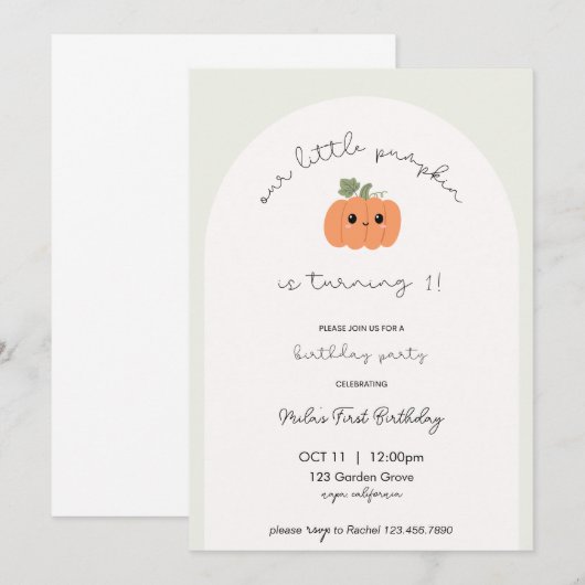 Little Pumpkin's eerste verjaardag uitnodiging (Voorkant / Achterkant)