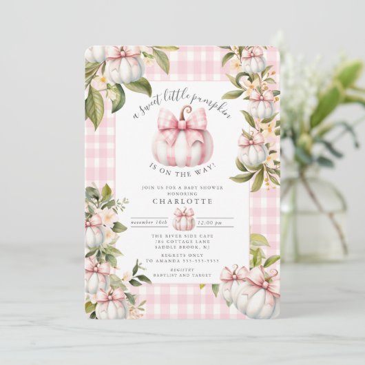 Little Pumpkin's Pink Gingham-Baby shower Kaart (Staand voorkant)