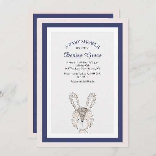 Little Rabbit Blue Invitation Kaart (Voorkant / Achterkant)