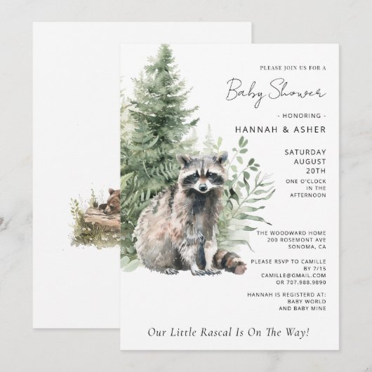 Little Rascal Raccoon Forest Baby shower Kaart (Voorkant / Achterkant)