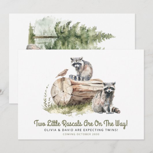Little Rascals Raccoons Twins Baby shower Aankondiging (Voorkant / Achterkant)