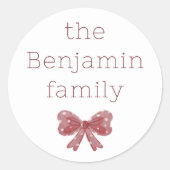 Little Red Bow | Aangepaste familienaam Kerstmis Ronde Sticker (Voorkant)