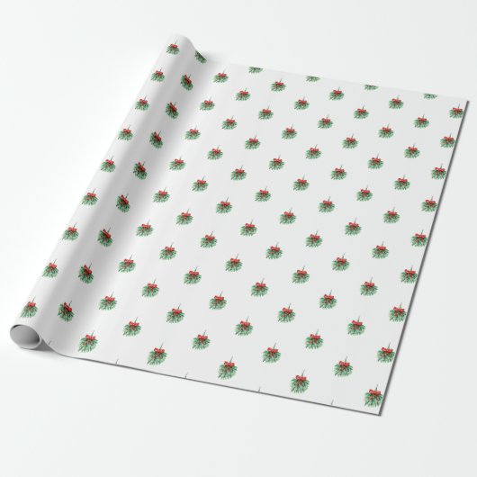 Little Red Bow en Green Mistletoe-kerstcadeau Cadeaupapier (Uitgerold)
