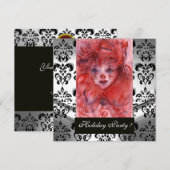 LITTLE RED CLOWN, Black White Damask Holiday Party Kaart (Voorkant / Achterkant)