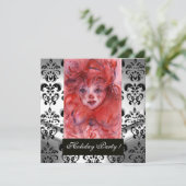 LITTLE RED CLOWN, Black White Damask Holiday Party Kaart (Staand voorkant)