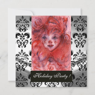 LITTLE RED CLOWN, Black White Damask Holiday Party Kaart