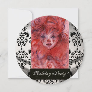 LITTLE RED CLOWN, Black White Damask Holiday Party Kaart