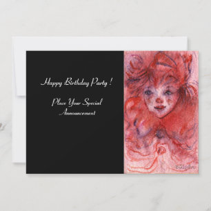 LITTLE RED CLOWN, Pink Black Birthday Party Invite Kaart