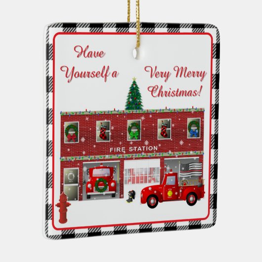 Little Red Fire Truck en Brandweerkazerne Keramisch Ornament (Rechts)