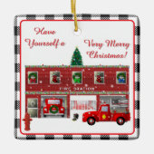 Little Red Fire Truck en Brandweerkazerne Keramisch Ornament (Voorkant)