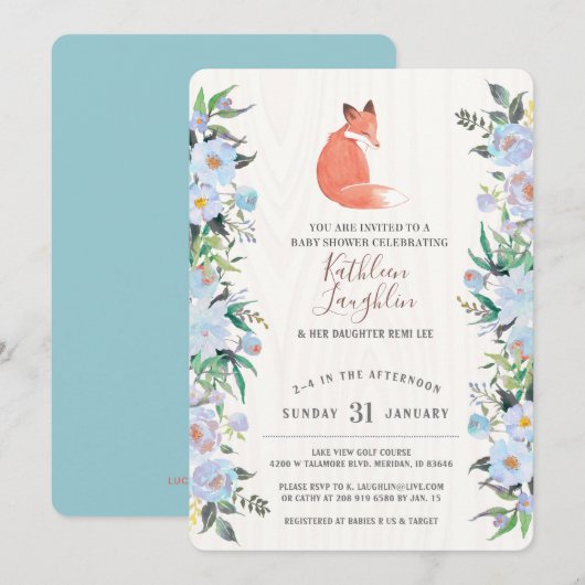 Little Red Fox Blue Floral Baby shower uitnodiging (Voorkant / Achterkant)