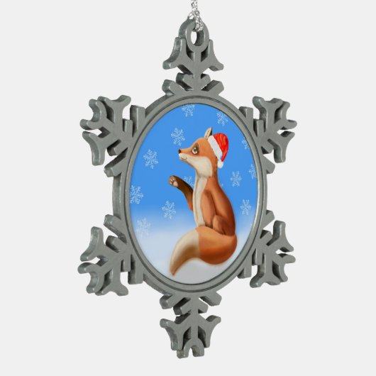 Little Red Fox met kersthoed Tin Sneeuwvlok Ornament (Links)