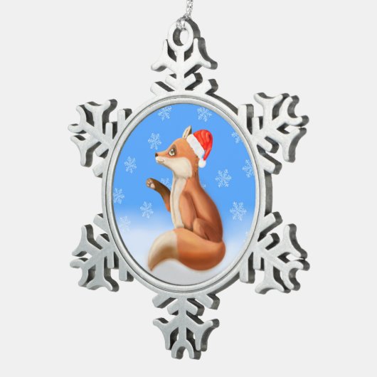 Little Red Fox met kersthoed Tin Sneeuwvlok Ornament (Rechts)