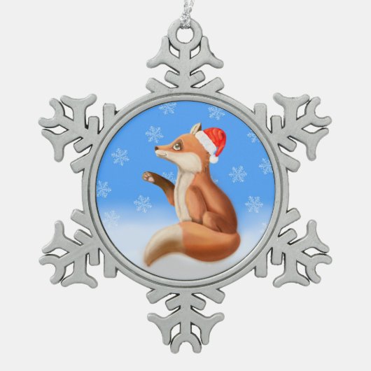 Little Red Fox met kersthoed Tin Sneeuwvlok Ornament (Voorkant)