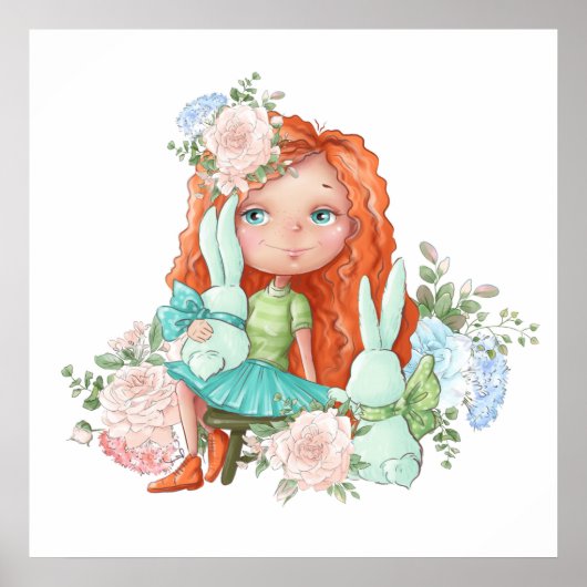 Little Red Hazard Girl met Bunnies Flowers Poster (Voorkant)