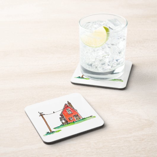 Little Red House with Power Line Bier Onderzetter (Rechterzijde)