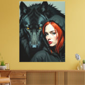 Little Red Riding Hood Redhead and the Black Wolf Canvas Afdruk (Insitu (Woonkamer))