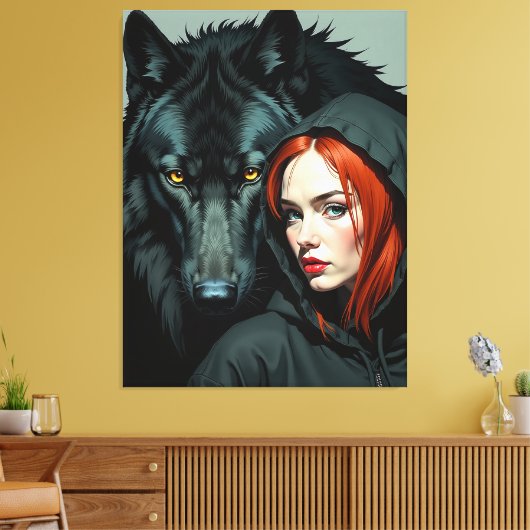 Little Red Riding Hood Redhead and the Black Wolf Canvas Afdruk (Insitu (Woonkamer))