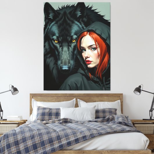 Little Red Riding Hood Redhead and the Black Wolf Canvas Afdruk (Insitu (Slaapkamer))